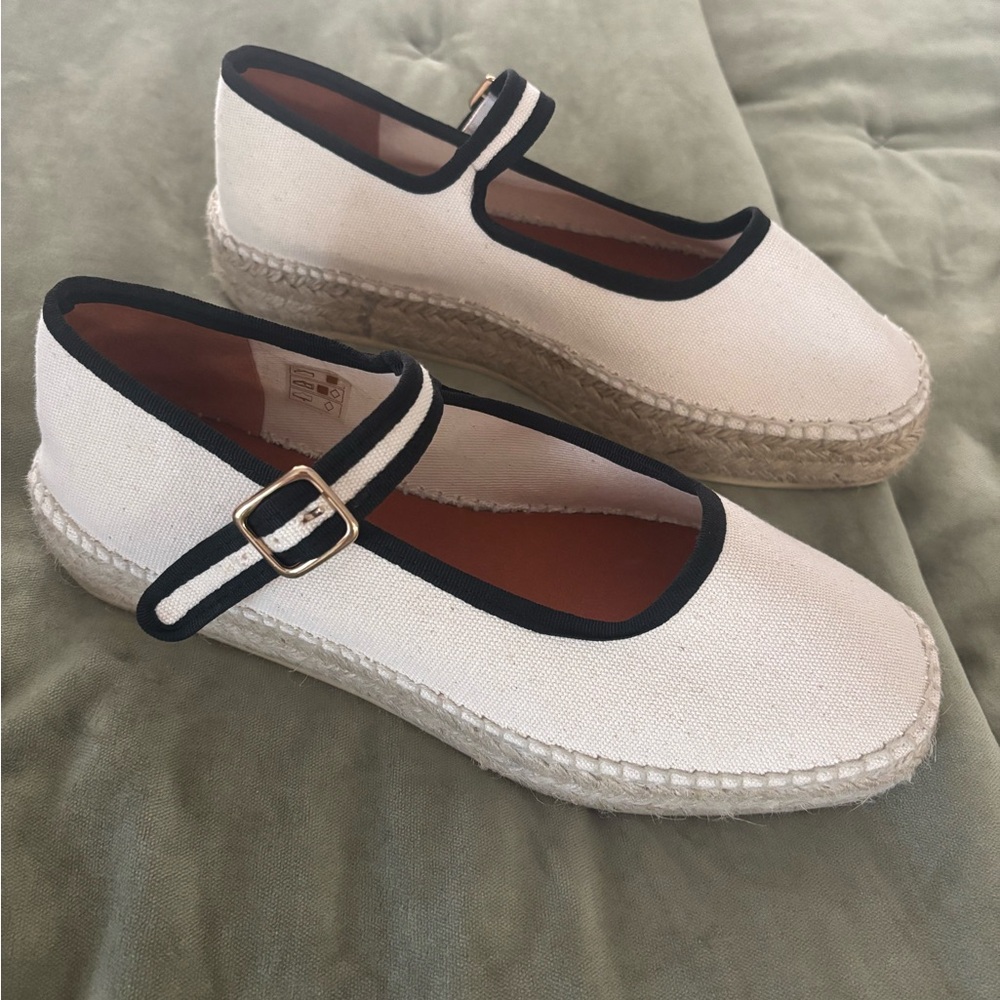 Maeve Cream Canvas Mary Jane Espadrille Flats with Black Trim